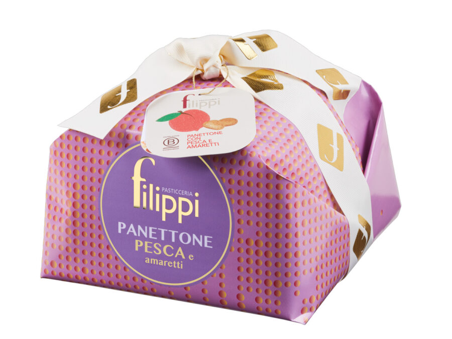 Panettone con pesca candita e amaretti
